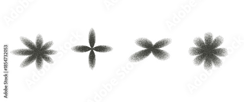 Y2K flower grainy noise gradient pattern figures. Grain gradation dot airbrush spray shapes. Vector stippling aesthetic shapes with grunge dust effect. Charcoal floral forms.