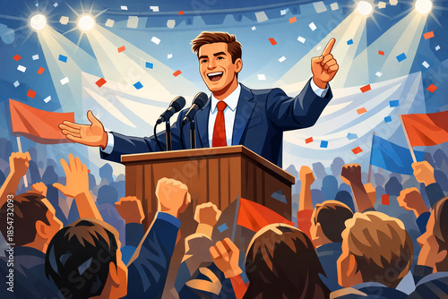 Charismatic leader or politician delivering an inspiring speech to an enthusiastic crowd vector.