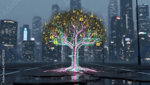 Wallpaper Mural Futuristic Digital Tree with Neon Circuits in Cyberpunk Rain Torontodigital.ca