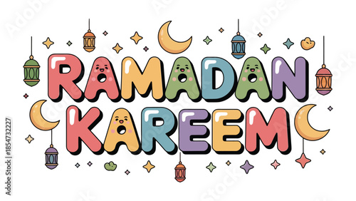 Ramadan Kareem Illustration: A vibrant and colorful illustration of the greeting Ramadan Kareem during Ramadan, featuring a combination of festive elements like lanterns, crescent moon, and stars.