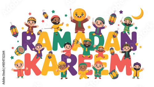 Ramadan Kareem Celebration: A vibrant and joyful illustration depicts a lively Ramadan Kareem celebration, filled with adorable cartoon figures and festive decorations.