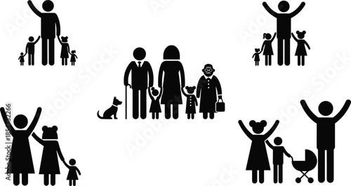 Family diversity silhouettes, black vector illustration, multi-generational group icons, parenting and caregiving theme, white background, cad drawing flat vector illustration
