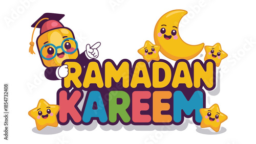 Ramadan Kareem Illustration: Festive and colorful illustration celebrating Ramadan Kareem, featuring a cheerful character.