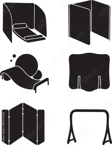 Collection of Vector Silhouettes Depicting Various Temporary Privacy Solutions and Rest Areas for Modern Design