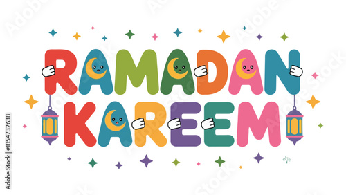 Ramadan Kareem: A vibrant and colorful illustration conveys the spirit of Ramadan Kareem with playful design and celebratory elements. 