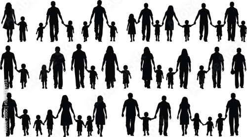 Family holding hands silhouettes, black vector illustration, adult child group icons, parenting theme, white background, cad drawing flat vector illustration