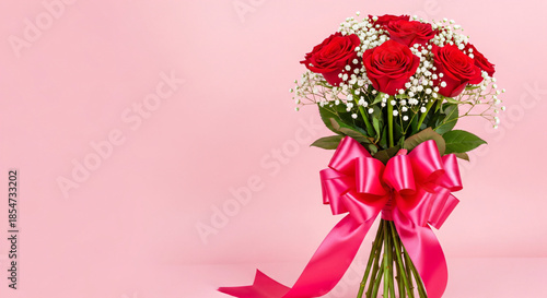 Wallpaper Mural A delicate red bow tied around a bouquet of fresh flowers with a subtle pink background, valentine, pink, valentine Torontodigital.ca