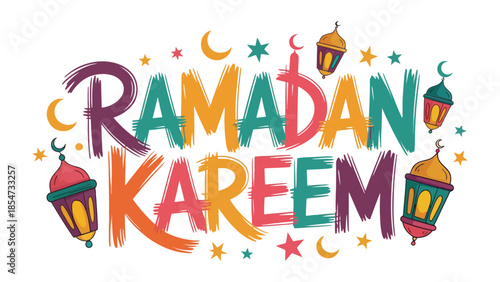Ramadan Kareem Illustration: Colorful illustration celebrating the holy month, with the words Ramadan Kareem in a festive font, accompanied by crescent moons and lanterns.