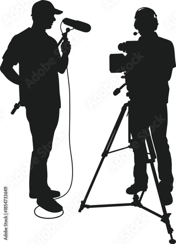 Silhouette video production crew recording interview with camera tripod boom microphone filmmaking cinematography media broadcasting documentary studio teamwork concept