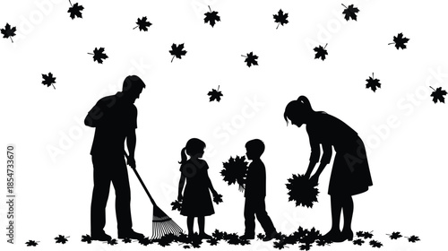 family, autumn, leaves, rake, children, parents, silhouette, vector, illustration, outdoor, activity, season, fall, teamwork, nature, black, white, graphic, design, scene