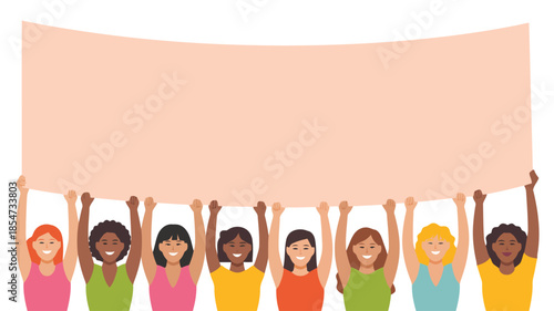 A collective of eight diverse women proudly raising a large blank banner with their fists up