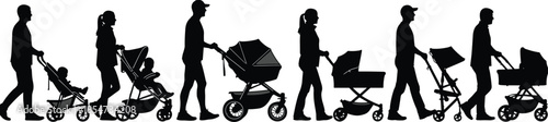 Family walking silhouettes pushing baby strollers, parents with children in prams, urban lifestyle parenting illustration isolated vector design artwork concept