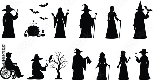 Fantasy wizard witch silhouettes, black vector illustration, magical characters and objects, mystical theme, white background, cad drawing flat vector illustration