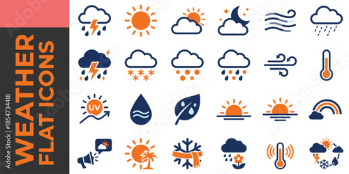 Weather forecast icon set illustrating sunny rainy cloudy stormy windy temperature climate seasonal conditions meteorology symbols flat design collection
