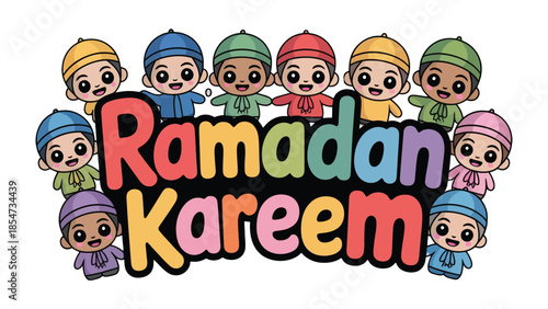 Ramadan Kareem: Vibrant depiction of a colorful, diverse, illustration of children, joyfully celebrating the holy month
