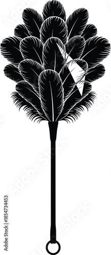 Feather duster silhouette illustration, cleaning tool with soft plumes, black white minimalist vector household equipment isolated on white background