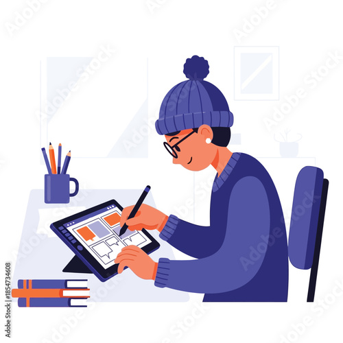 Creative designer sketching comic book panels on tablet at desk studio