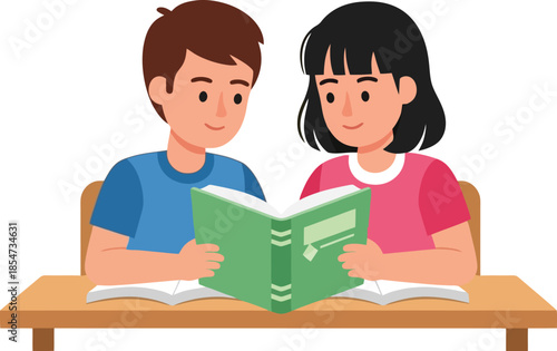 Two students happily reading a book together at a wooden desk indoors