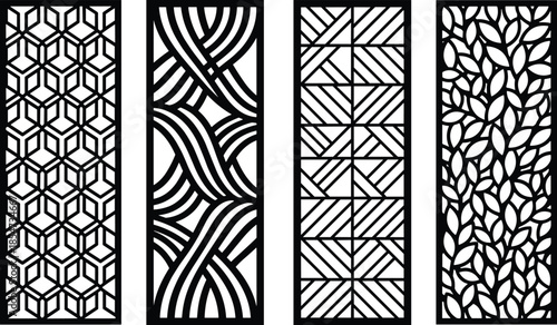 Decorative laser cut panel designs with geometric patterns and floral motifs for room dividers set.