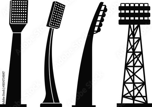 Spotlights tower stadium lights for sport arena collection in black and white graphic design.