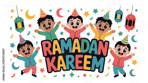 Ramadan Kareem Celebration: A vibrant and colorful illustration of children joyfully celebrating Ramadan, adorned with festive decorations and a message of goodwill. 