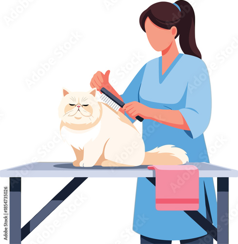 Professional groomer brushing fluffy Persian cat for pet care promotion