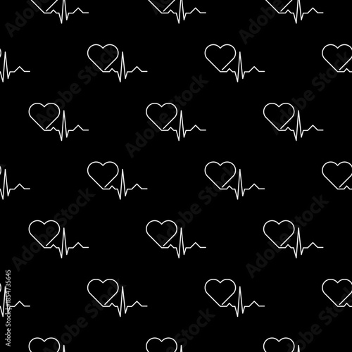 Heart pulse, one line seamless pattern isolated on black background