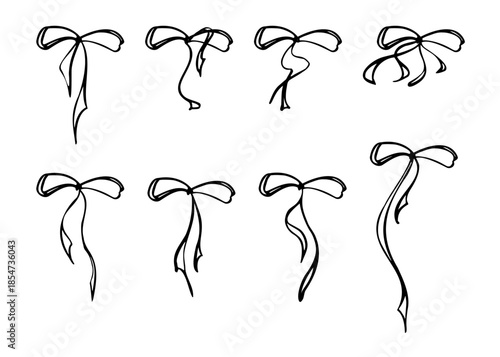 Elegant satin bows tied from thin string ribbon. Vector decorative elements isolated on white, hand drawn in ink. Great for wedding cards, feminine branding, cosmetics packaging, and digital mockups.