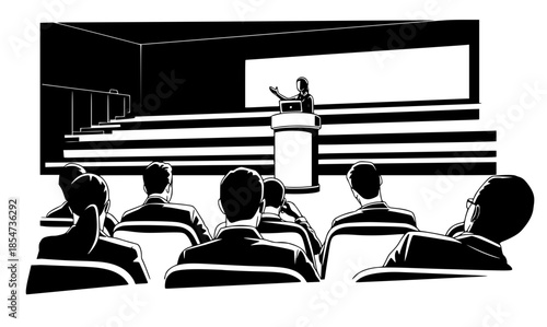 Professional black white vector illustration of a speaker at a podium giving a presentation to a seated audience in a lecture hall or conference room.