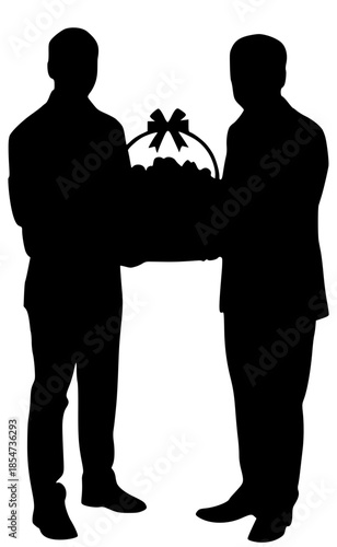 Black silhouette of two men in business suits holding a large gift basket with a bow. Minimalist vector style perfect for corporate giving, New Year greetings, and holiday celebrations.
