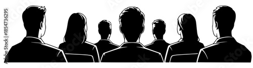 Black vector illustration showing the back view of a professional audience seated in a row.