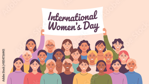 A diverse group of smiling women celebrates International Womens Day holding a large banner together