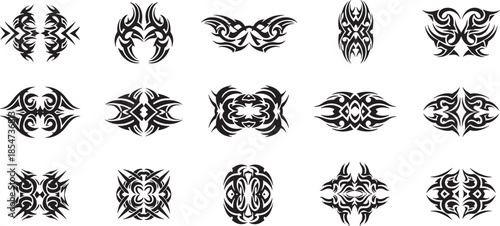 Tribal designs collection featuring illustrations of various ornaments and patterns