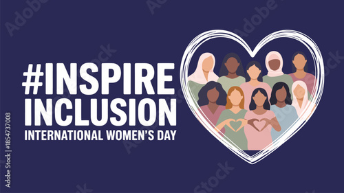 A diverse group of women stand together inside a white heart celebrating International Womens Day