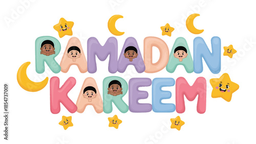 Ramadan Kareem Illustration: Festive and colorful illustration of the greeting Ramadan Kareem, featuring smiling characters integrated within the letters and adorned with crescent moons and stars. 