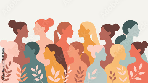 A diverse group of women silhouettes with different skin tones stands together in unity