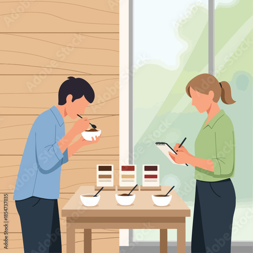Coffee tasters carefully sampling and rating delicious brews indoors