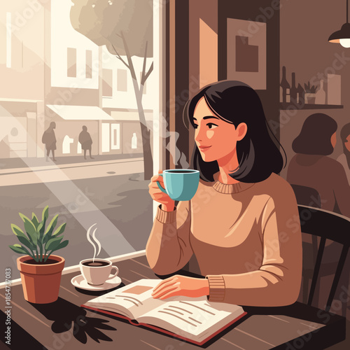 Woman enjoys morning coffee break with book in cozy cafe setting
