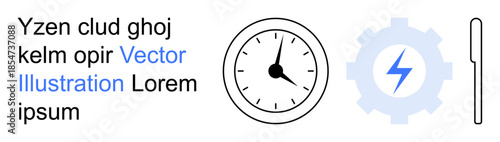 Time management, energy efficiency, automation, productivity, industrial processes, technology systems. Clock, gear with lightning bolt and vertical bar. Time management and energy efficiency