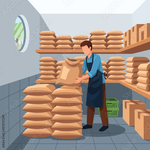 Hardworking warehouse worker stacking hessian sacks in organized store room