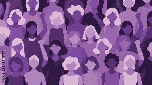 A diverse group of women with varied appearances and subtle gestures forms a seamless purple pattern