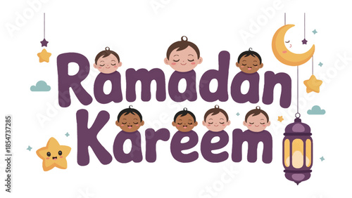 Ramadan Kareem: Embrace the spirit of Ramadan with this illustration, featuring the words 'Ramadan Kareem' artfully crafted, complemented by a crescent moon, stars, and lantern.