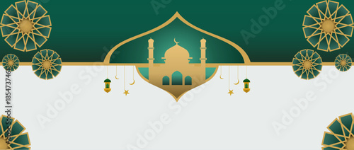 Islamic Background with Mosque Silhouette, Crescent Moon, and Geometric Ornament Vector