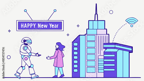  Happy New Year cityscape with people and modern skyline illustration