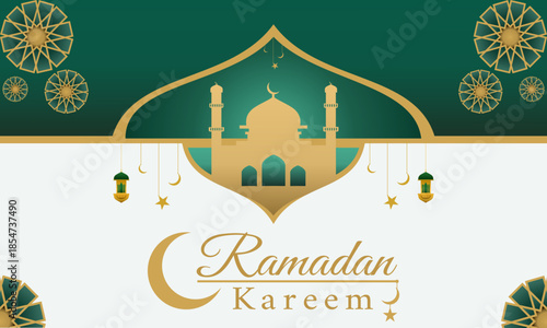 Ramadan Kareem Islamic Greeting Card with Mosque Silhouette and Crescent Moon Vector