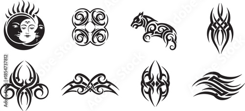 Tribal designs and patterns in black and white illustrations showcasing various cultural symbols and motifs