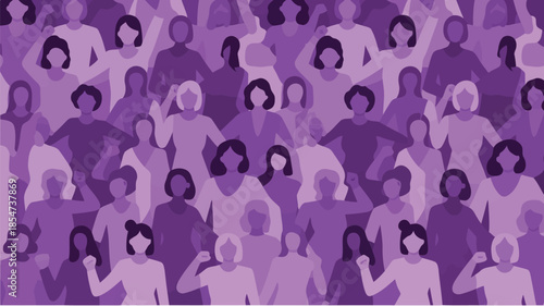 A large group of diverse women stand together in various shades of purple expressing unity and support