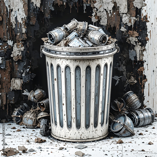 Futuristic Metal Trash Can Filled with Scientific Scraps and Technological Waste