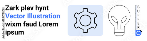 Gear icon for system processes, light bulb for ideas, and buffer text for productivity. Ideal for creativity, problem-solving, innovation, workflow, technology, concept design simple landing page