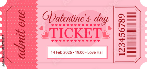 Vector ticket template in pink romantic style for Valentine's Day event or party.